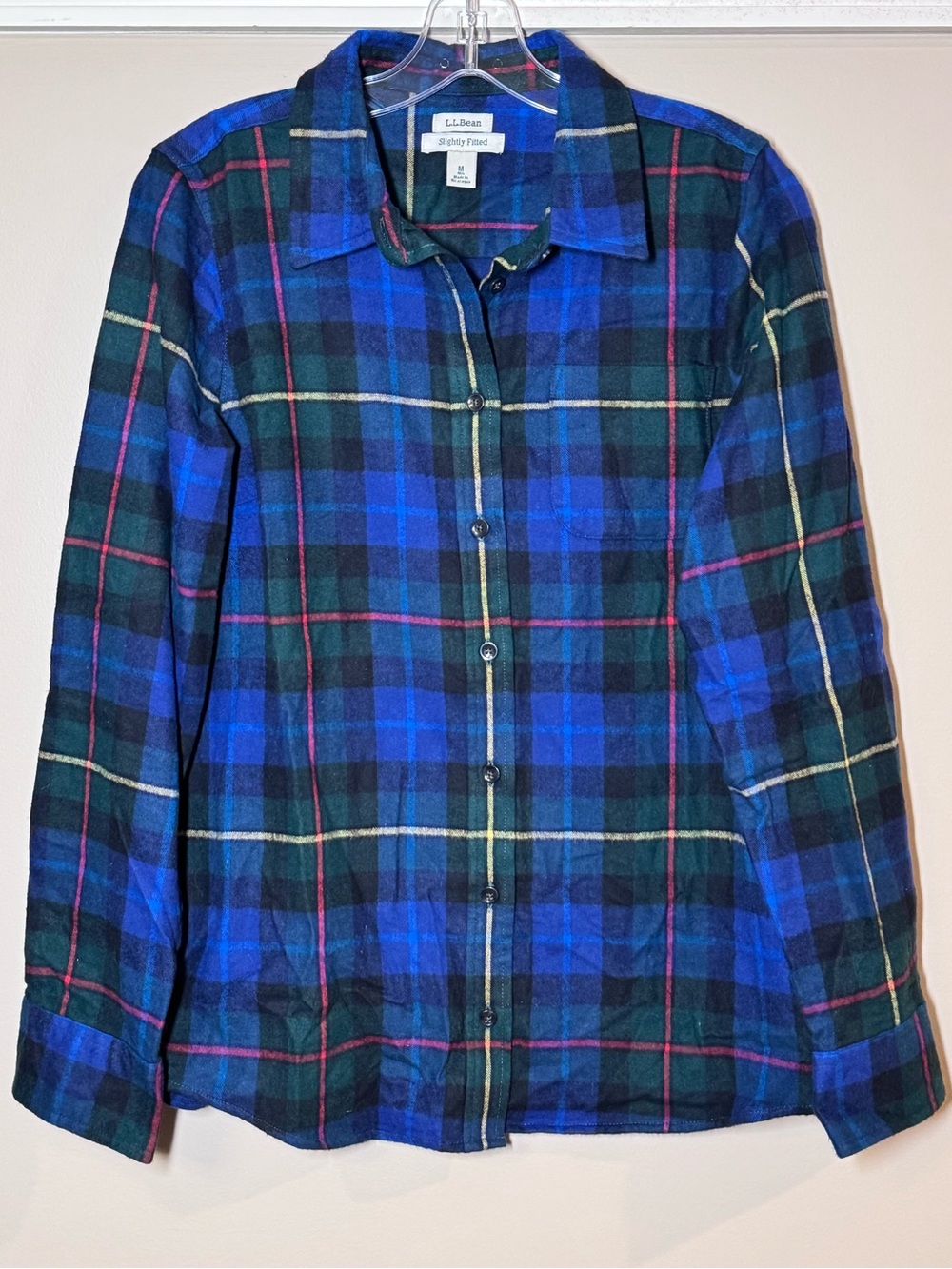 LL Bean Relaxed Fit Scotch Plaid Flannel Tunic Women M Dark Green Blue